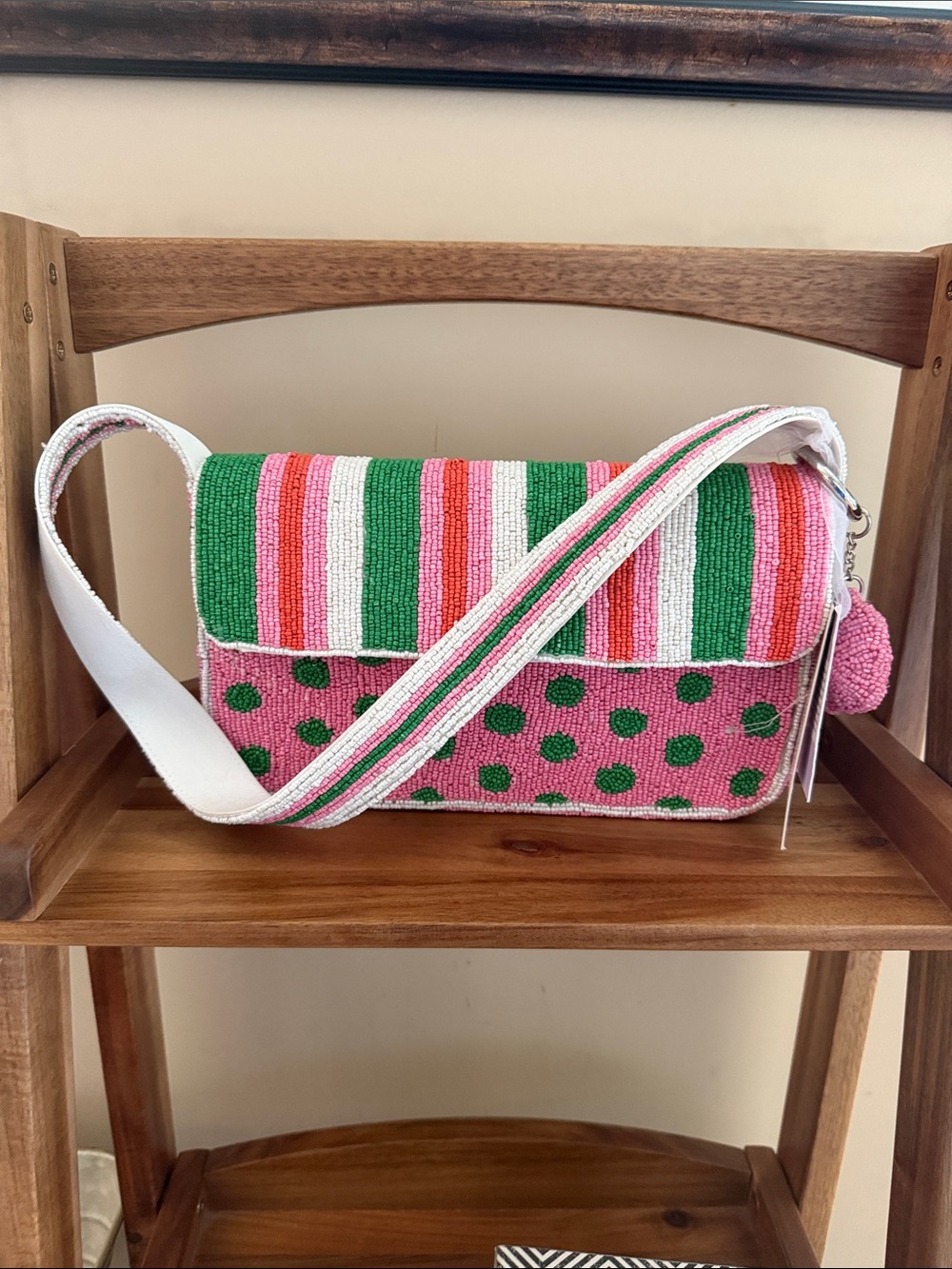 Pink and Green Beaded Crossbody Bag with Pom Accent